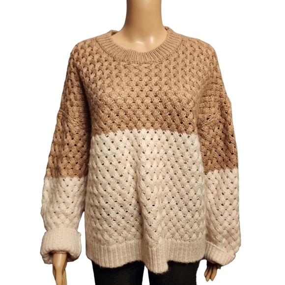 Neutral Pullover Oversized Loose Knit Waffle Sweater Size S - Picture 1 of 10